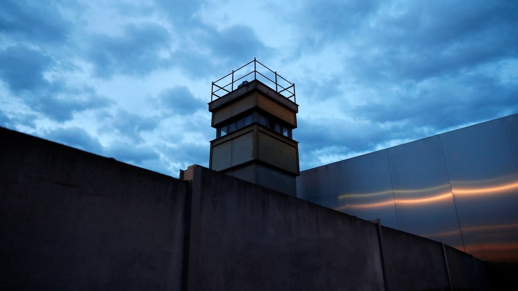 A watch tower of East German border soldiers at the Berlin Wall memorial on Bernauer Strasse in Berlin, Germany. On November 9th Germany will mark the 30th anniversary of the fall of the Berlin Wall in 1989. Photograph: Fabrizio Bensch/Reuters