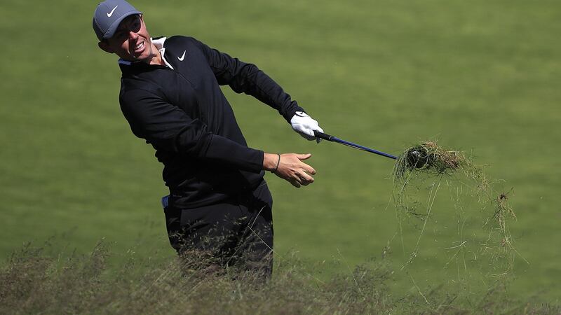 Rory McIlroy hits out of the rough during practice ahead of the US Open. Photograph: Tannen Maury/EPA