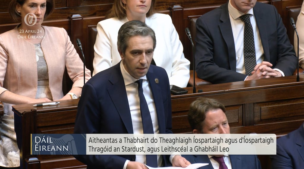 Taoiseach Simon Harris in Dail Eireann issuing a State apology to the families of the victims of the Stardust fire. Photograph: Oireachtas TV/PA Wire.