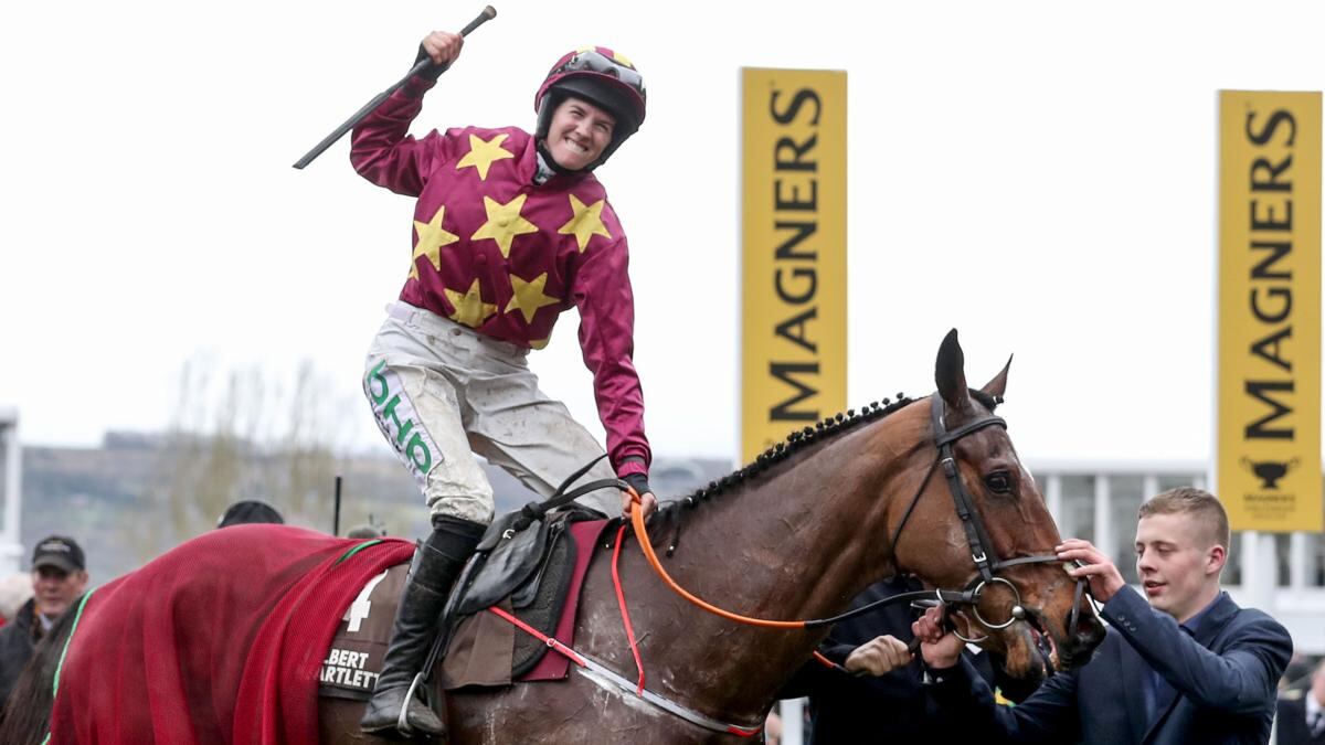 Rachael Blackmore celebrates her win on Minella Indo in the Albert Bartlett Novices’ Hurdle at the 2019 Cheltenham Festival. Photograph: Dan Sheridan/Inpho