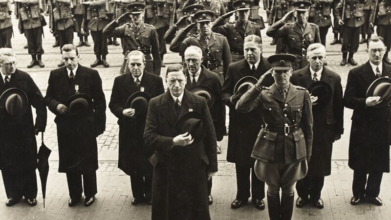 Days after the first bombs were dropped on Belfast, Éamon De Valera and Ministers of State outside the GPO for the Silver Jubilee commemorations of the 1916 Rising.