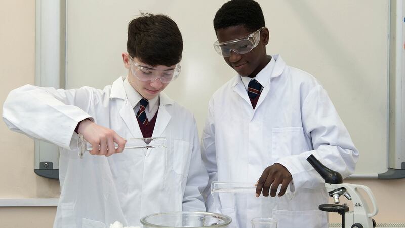 Leon Browne and Victor Akinsowon from Coláiste Chú Chulainn who did research on the use of nappy technology in flood defences. Photograph: Liam Burke/Press 22