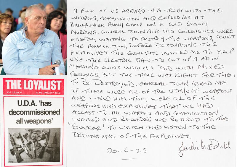 Veteran Belfast loyalist Jackie McDonald; a note from McDonald about his involvement in the UDA decommissioning; and the front page of The Loyalist magazine from 2010. Photographs: Brian Rowan personal archive for The Open University