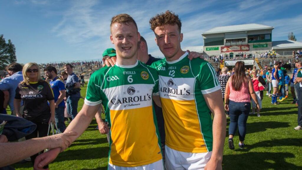 Offaly’s Peter Cunningham and Michael Brazil celebrate after beating Longford. Photograph: Ryan Byrne/Inpho