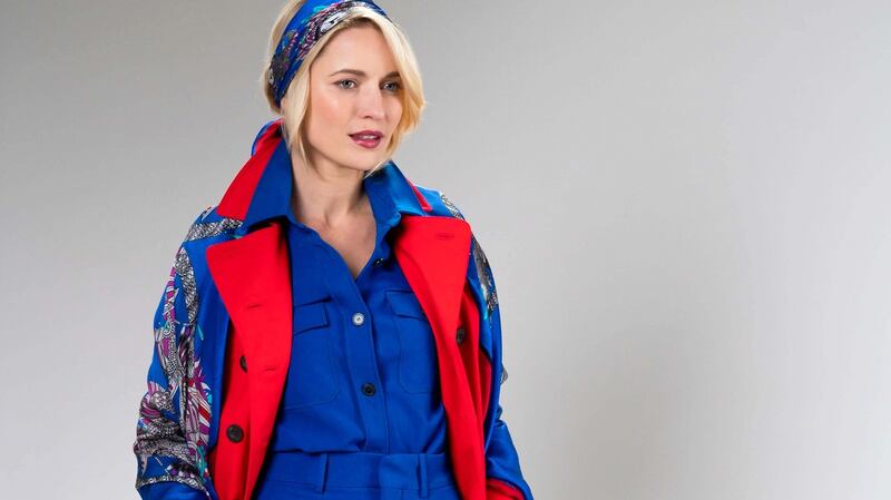 Jester royal blue and red large silk scarf €295 and bandana style classic square €190 by Debbie Millington