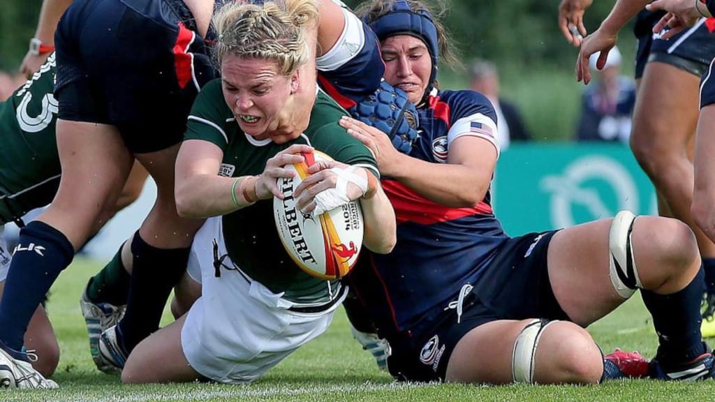 Ireland’s Niamh Briggs stretches to score a try in the Women’s World Cup Pool B game against the USA at Marcoussis in Paris. Photograph: Dan Sheridan/Inpho