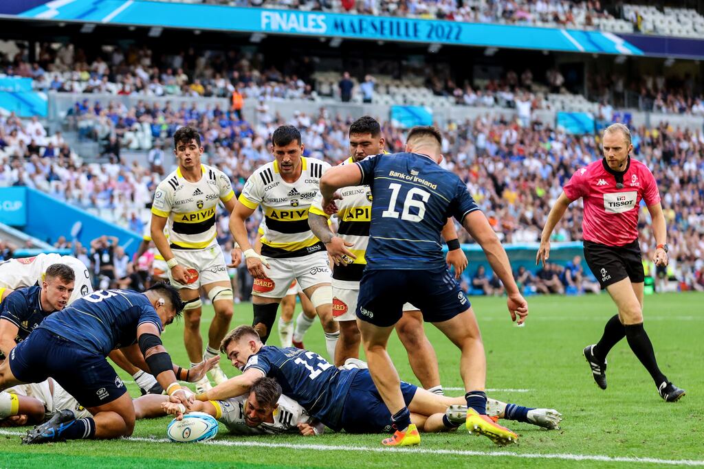 Arthur Retiere scores the late winning try for La Rochelle against Leinster in the Heineken Champions Cup final at The Orange Velodrome, Marseille. Photograph: James Crombie/Inpho