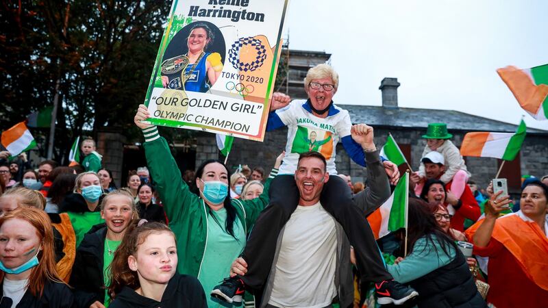Family and friends of Kellie Harrington celebrate in Portland Row. Photo: Tommy Dickson/Inpho