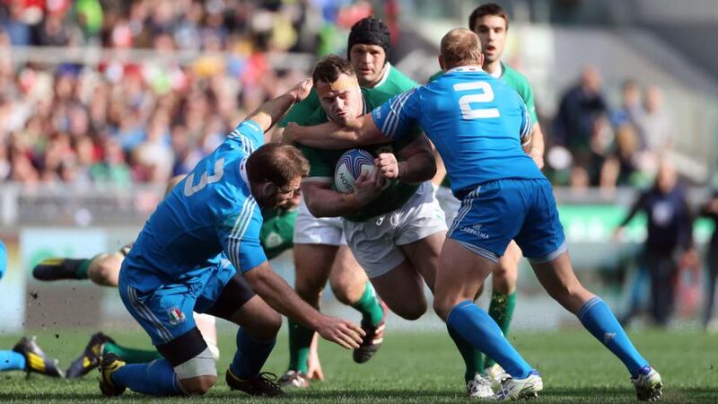 Ireland’s Cian Healy is tackled during the Six Nations match at the Stadio Olimpico in Rome. Photograph: Niall Carson/PA