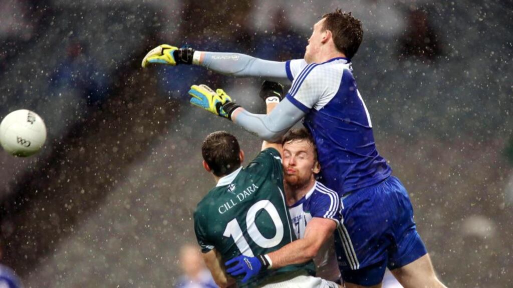 Monaghan goalkeeper Rory Beggan attempts to clear his lines at Croke Park. Photograph: Ryan Byrne/Inpho