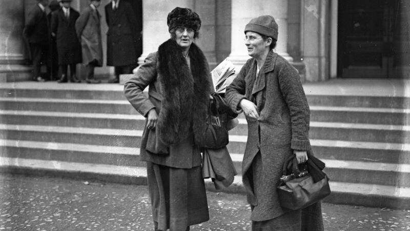 Kathleen Lynn, right, with Constance Markievicz at Earlsfort Terrace, probably taken at the treaty debates in December 1921-January 1922. Photograph: Independent News And Media/Getty Images