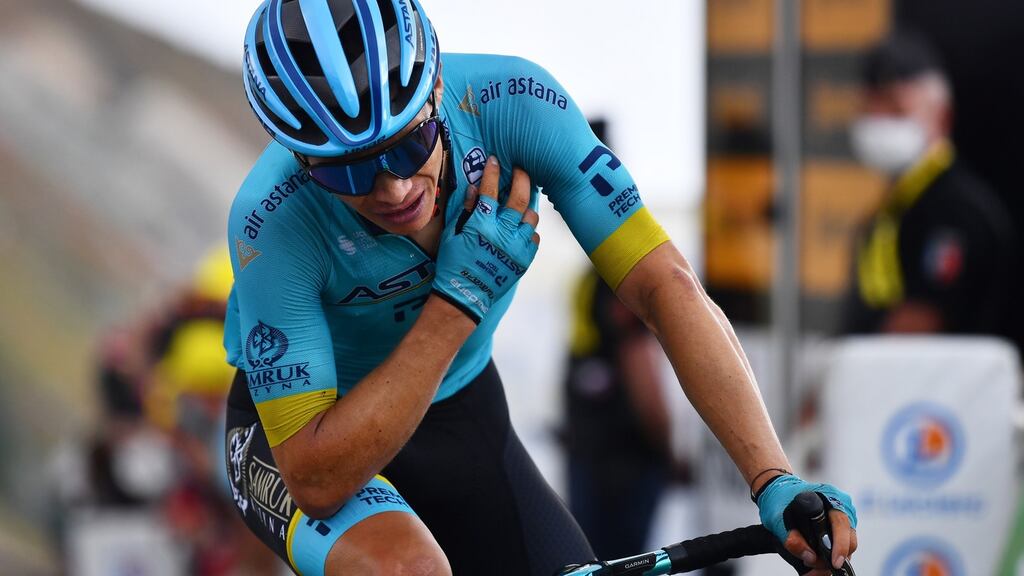 Colombian rider Miguel Angel Lopez blesses himself after winning stage 17 of the Tour de France from Grenoble to Meribel Col de la Loze. Photograph: Stuart Franklin/EPA