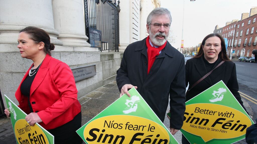 Sinn Féin leader Gerry Adams, deputy leader Mary Lou McDonald (left) and Dublin Fingal candidate Louise O’Reilly at Government Buildings in Dublin. Photograph: Brian Lawless/PA Wire.