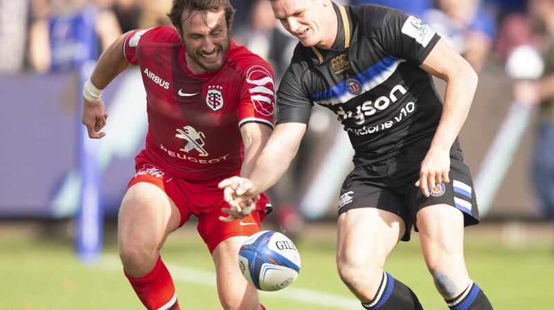 Bath’s Freddie Burns fails to put the ball down after crossing the line under pressure from Toulouse’s Maxime Medard. It proved a pivotal point in the French club’s season. Photograph: Bob Bradford/CameraSport via Getty Images