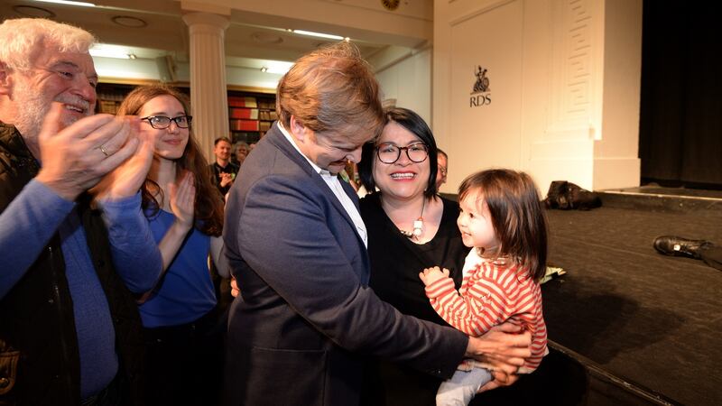 Hazel Chu, after being elected to Dublin City Council, with daughter Alex and partner and felllow Green Party councillor Patrick Costello, at the RDS Dublin. Photograph: Dara Mac Dónaill