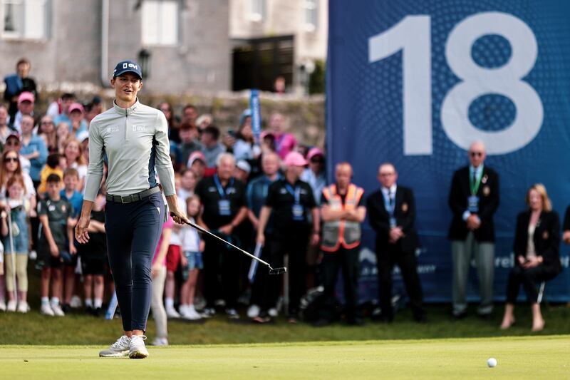 Anne Van Dam misses her putt on the 18th green at Dromoland Castle. She had to play the playoff hole without her broken driver. Photograph: Ben Brady/Inpho