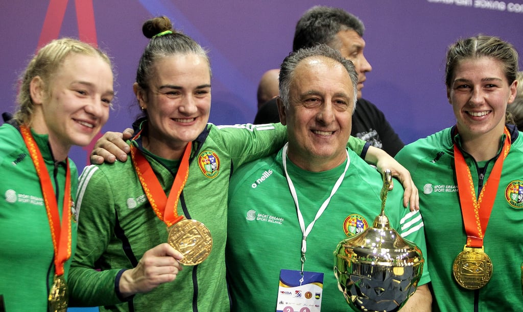 Ireland coach Zaur Antia celebrates with gold medalists Amy Broadhurst, Kellie Harrington and Aoife O’Rourke. Photograph: Aleksandar Djorovic/Inpho