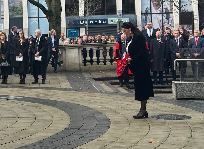 Deputy First Minister of Northern Ireland Emma Little-Pengelly lays a wreath during the Remembrance Sunday service at Belfast City Hall Picture date. Photograph: PA Wire