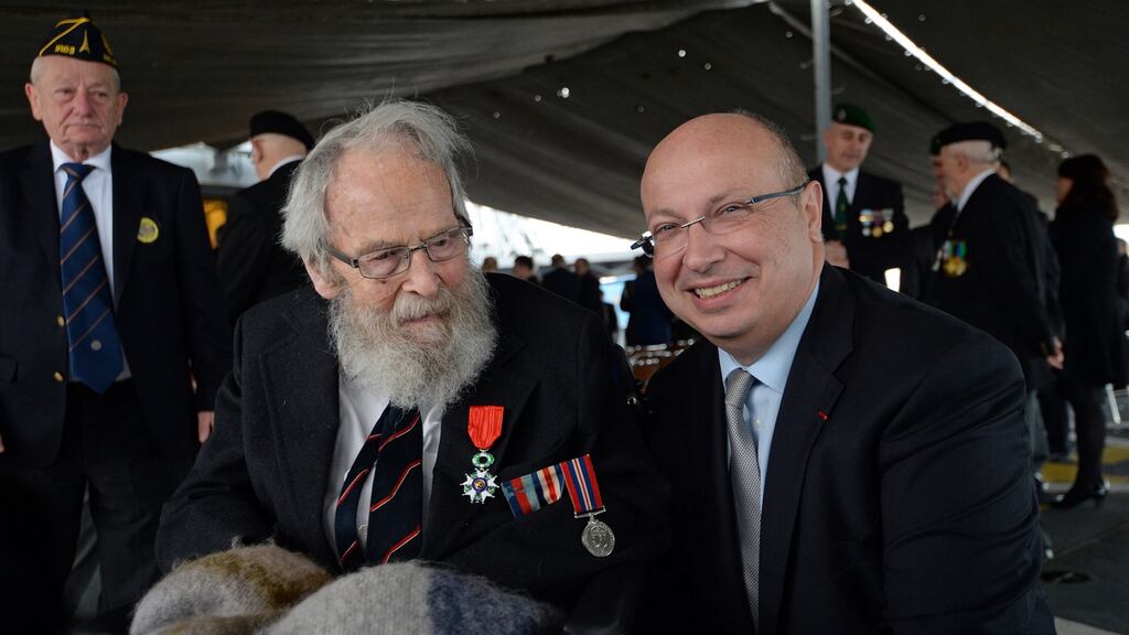 File photograph of Michael d’Alton , a veteran of D-Day (left) after being presented with the Chevalier de la Légion d’Honneur , by Jean-Pierre Thebault, Ambassador of France. Photograph: Eric Luke