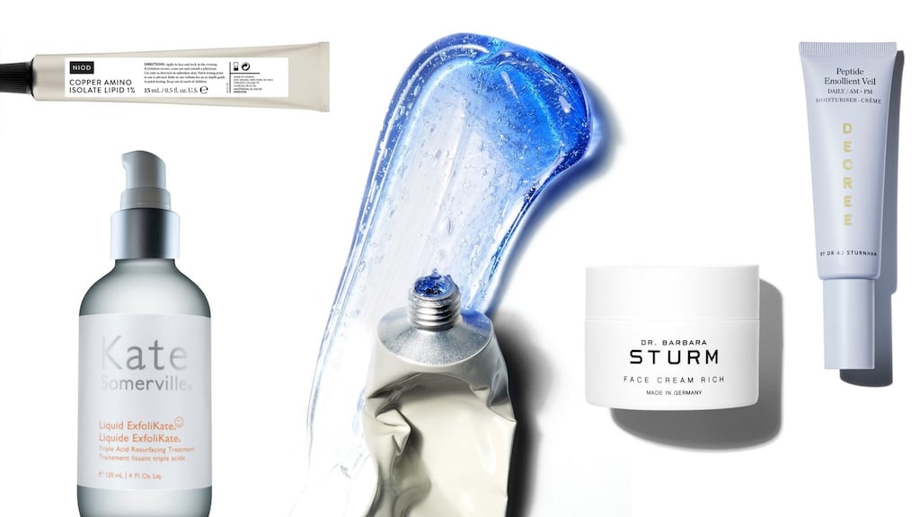 From left, Niod Copper Amino Isolate Lipid, Kate Somerville Liquid ExfoliKate, Niod Copper Amino Isolate Liquid out of the tube, Dr Barbara Sturm Face Cream Rich and Decree Peptide Emollient Veil