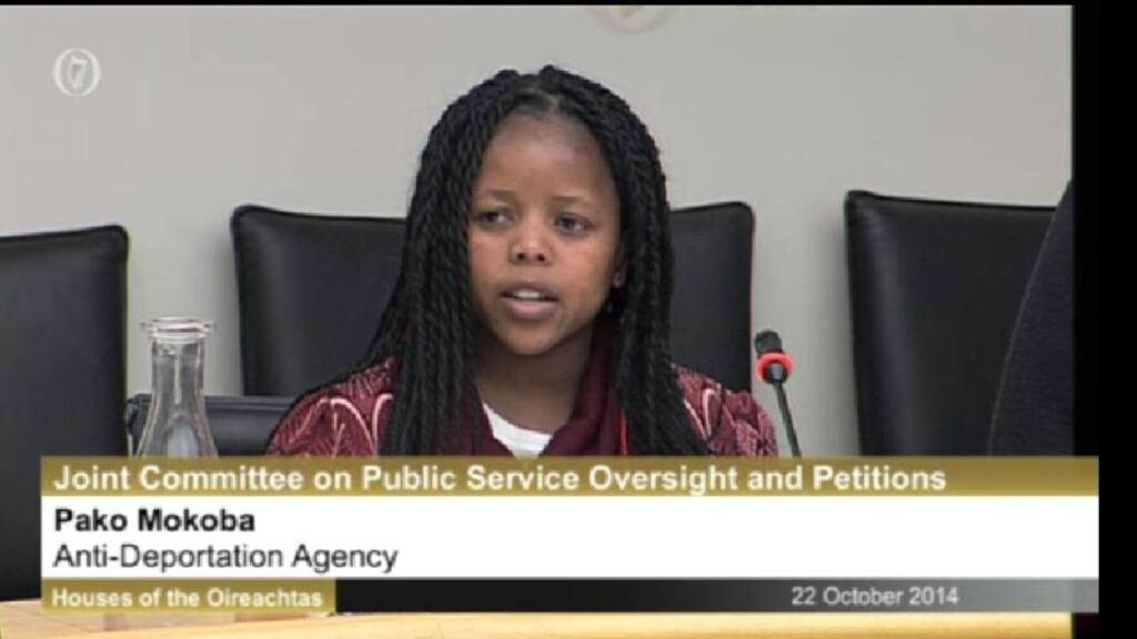 Pako Mokoba, who has been in the direct provision system for six years, told the Joint Oireachtas Committee on Public Service Oversight and Petitions, that her life was also like that of someone living in an open prison. Image: Screengrab/Oireachtas TV.