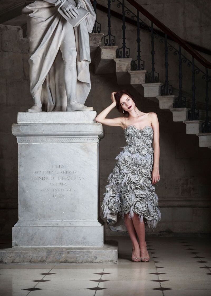 Helen Cody’s smoky grey and lavender silk taffeta creation