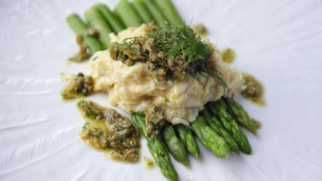 Asparagus with creamy eggs and dill. Photograph: Aidan Crawley