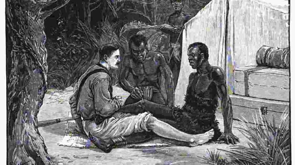 Thomas Heazle Parke undergoing a ‘blood brotherhood ritual’. Illustration from Heazle Parke’s book, ‘My personal experiences in equatorial Africa as medical officer of the Emin Pasha relief expedition’/ Wikimedia Commons