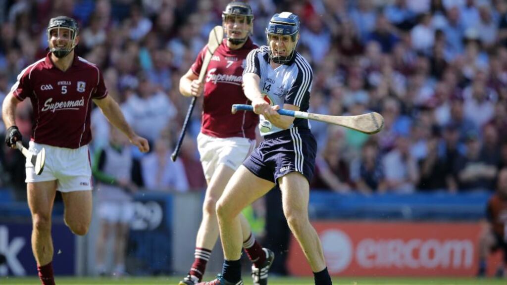 Dublin’s Paul Ryan scores a goal against Galway during yesterday’s Leinster senior hurling final. Photograph: Morgan Treacy/Inpho