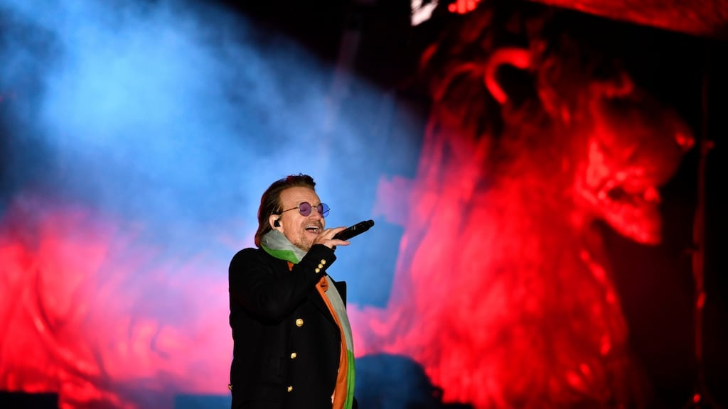 Bono performing with U2  in Trafalgar Square  ahead  of the MTV Europe Music Awards on November 12th. Photograph:  Chris J Ratcliffe/AFP/Getty Images