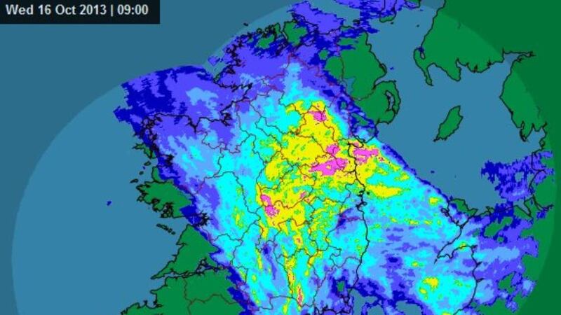 A rainfall radar image issued by Met Eireann this morning. Forecasters have issued a yellow weather warning for today. Photograph: Cyril Byrne/The Irish Times