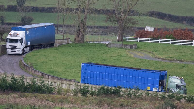 Two of the large container lorries leaving the site of Ferry’s Refuse near Letterkenny where 2,000 tons of illegally dumped waste is being cleared under the supervision of Donegal County Council. Photograph: North West Newspix