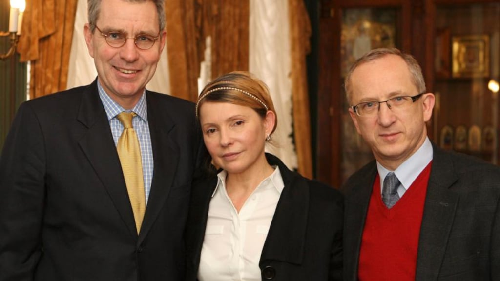Yulia Tymoshenko meets US ambassador to Ukraine Geoffrey Pyatt (left) and head of the EU Delegation to Ukraine Jan Tombinski in Kiev, on Sunday. Photograph: Alexander Prokopenko/Pool/Reuters