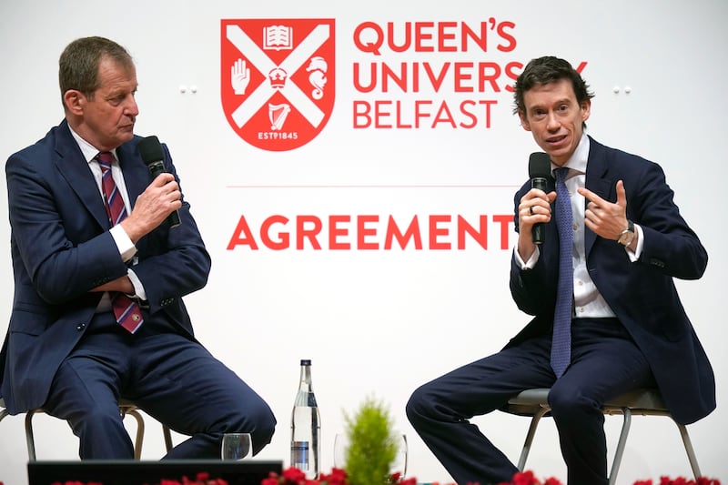 Alastair Campbell and Rory Stewart, hosts of the The Rest is Politics podcast, are advertising Ibec on the show. Photograph: Niall Carson/ Getty Images