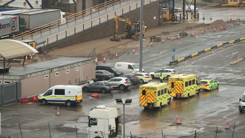 Emergency personnel are seen at Rosslare Europort in Co Wexford on Thursday afternoon ahead of the arrival of a Stena Line ferry on which 16 people were discovered inside a sealed trailer. Photograph: PA