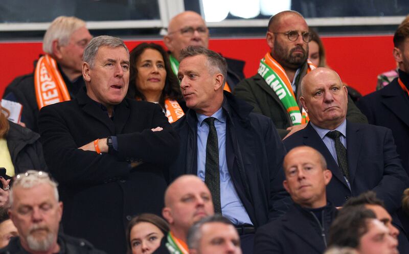 FAI board member Packie Bonner with chief executive Jonathan Hill and president Gerry McAnaney at the Republic of Ireland's match against the Netherlands in Amsterdam in November. Photograph: Ryan Byrne/Inpho