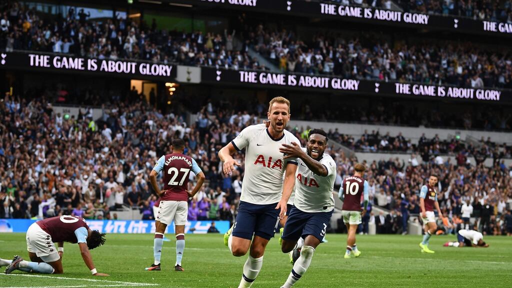 Tottenham Hotspur’s Harry Kane celebrates his team’s second goal. Photograph: Getty Images