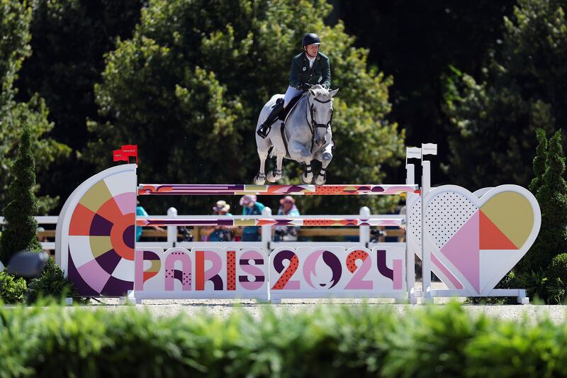 Shane Sweetnam and horse James Kann Cruz of Team Ireland compete in the Jumping Individual Qualifier on Day 10 of the Olympic Games at Chateau de Versailles on Monday in Versailles. Photograph: Buda Mendes/Getty Images