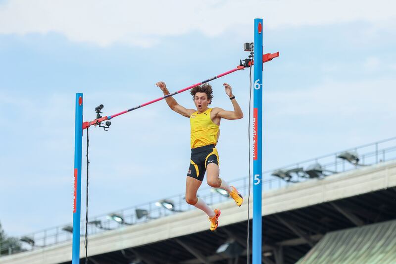 Armand Duplantis of Team Sweden jumping 6.28 to set a new world record. Photograph: Linnea Rheborg/Getty Images