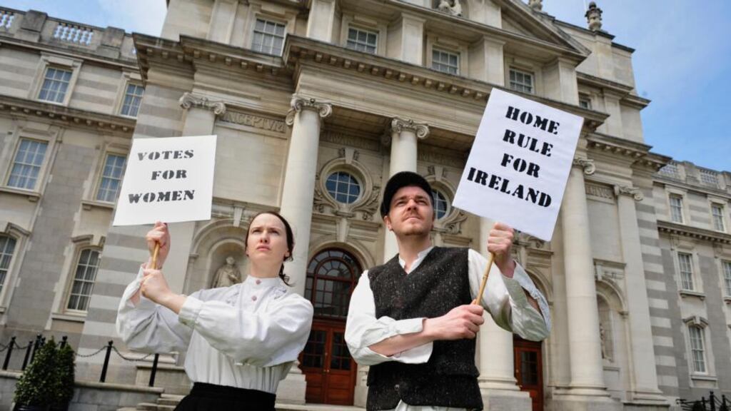 Liz McGrath and Paul Donnelly at Government Buildings to mark the setting up of Century Ireland, an online newspaper which will contain contemporary accounts of momentous events from major newspapers at the time, both national and provincial, including The Irish Times. Photograph: Aidan Crawley