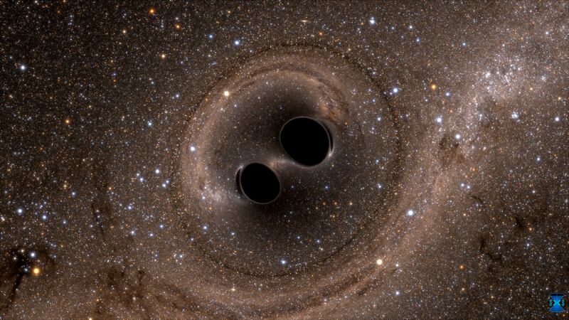Two black holes merge into one. Illustration courtesy of SXS/black-holes.org