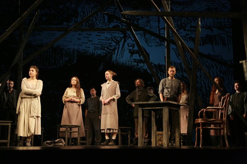 Oleksandr Hrekov, far right, in Translations, a Lesya Ukrainka National Academic Theatre production at the Abbey Theatre. Photograph: Abbey Theatre