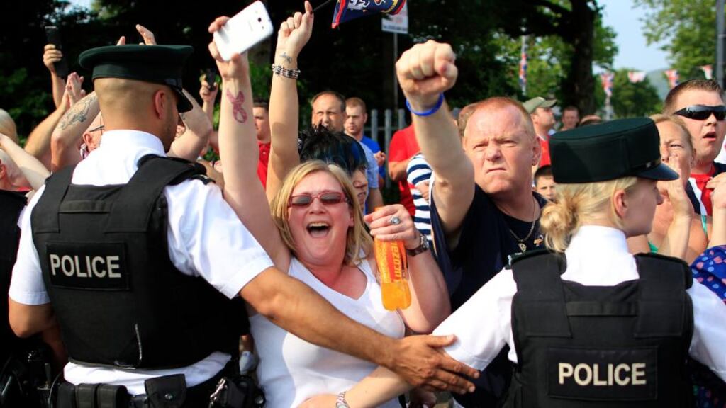 The PSNI stopping an Orange parade from passing the Ardoyne shops on the Crumlin road in Belfast last week. Photograph: PA