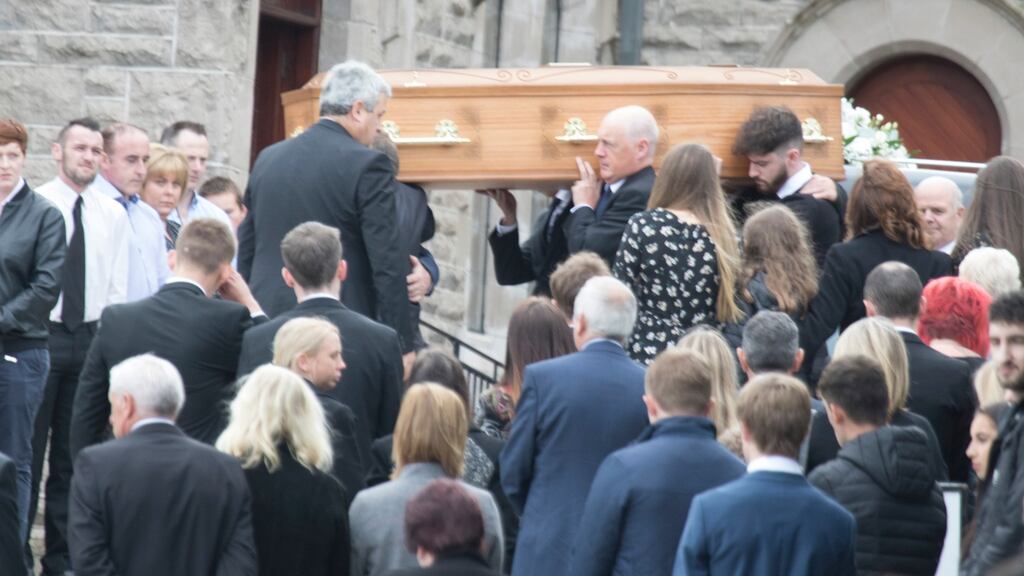 The remains Conall McAleer carried at St Joseph’s Church in Ederney by family and friends. Photograph: North West Newspix