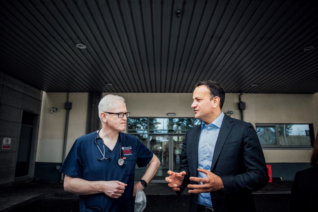 Dr Damien Ryan, consultant in emergency medicine at University Hospital Limerick, welcomes on Leo Varadkar TD on his Friday visit. Photograph: Brian Arthur