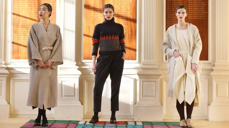 Yomiko wears a linen kimono by Stable of Ireland with Thomas Ferguson. Louise wears a polo-neck jumper in yarn by Donegal Woollen Mill with trousers in Irish linen by Emblem Weavers, both by Pearl Reddington. Karen wears pinafore-style tweed dress and eco-friendly wool parka coat by Mariad Whisker for John Hanly.