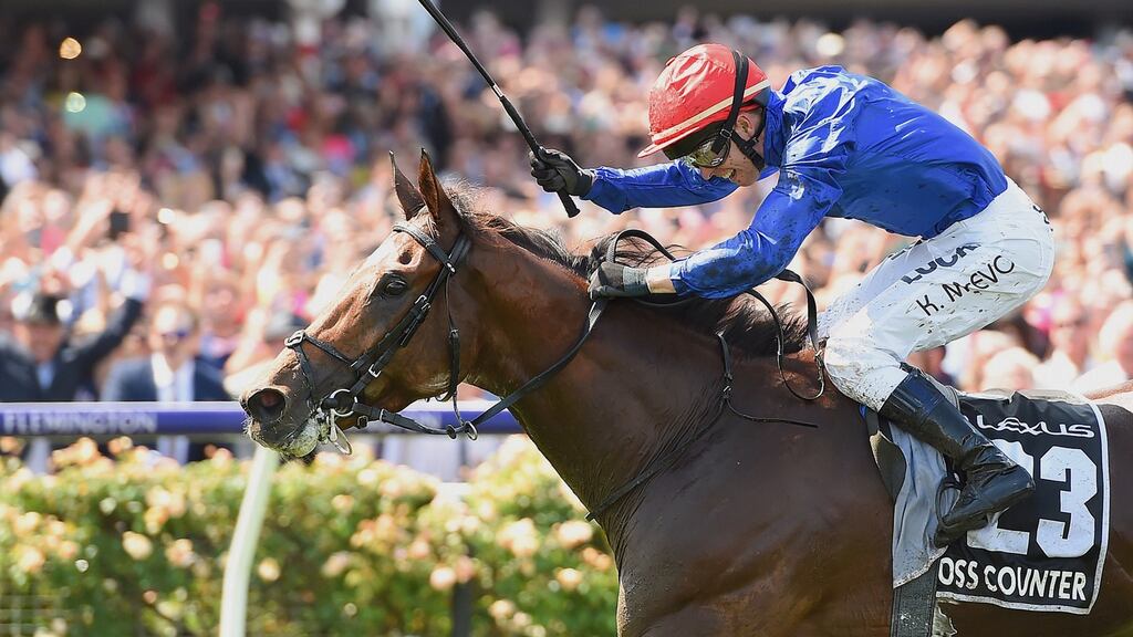 Jockey Kerrin McEvoy riding horse Cross Counter celebrates after winning the annual Melbourne Cup at Flemington Racecourse in Melbourne. Photo: Albert Perez/AAP