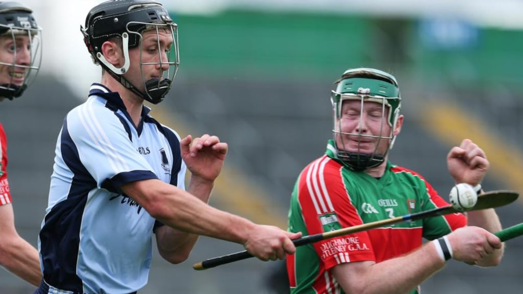 Loughmore Castleiney’s Derek Bourke tackles Michael Heffernan of Nenagh in the Tiperary senior final at Semple Stadium. Photo: Lorraine O’Sullivan/Inpho