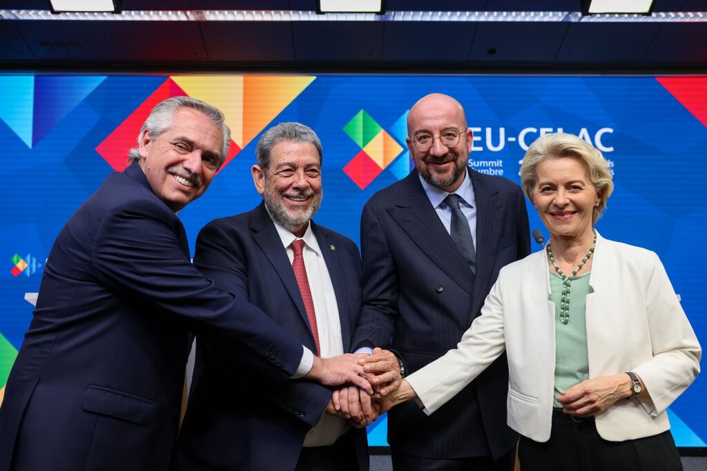 Alberto Fernandez, Argentina's president (left), Ralph Gonsalves, Saint Vincent and The Grenadines' prime minister, Charles Michel, president of the European Council, and Ursula von der Leyen, president of the European Commission, during the European Union and Celac summit in Brussels on Tuesday. Photograph: Simon Wohlfahrt/Bloomberg