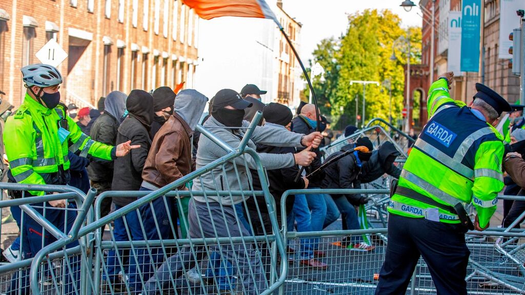 Groups of protesters and counter-protesters clashed in Dublin on Saturday at an anti-lockdown demonstration. Photograph: Paul Faith/ AFP